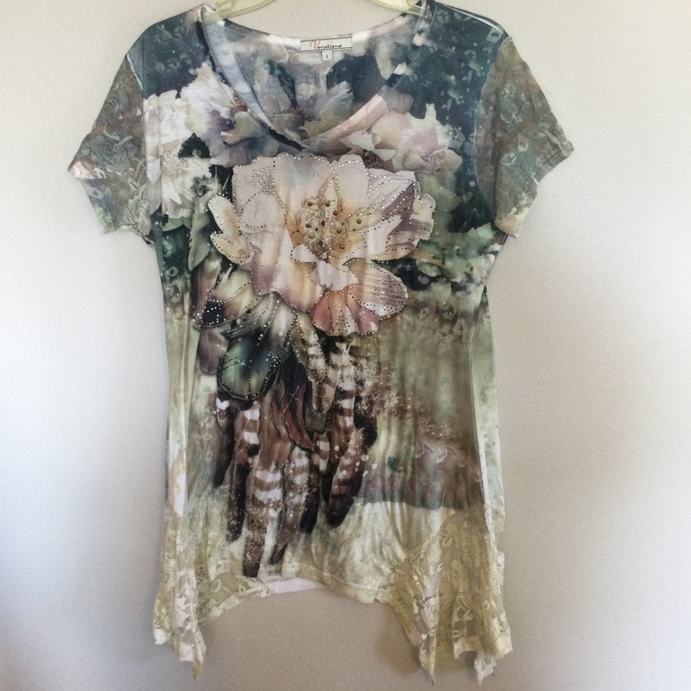 Variations Multicolored Top With Rivets Cap Sleeves Size Large - Picture 2 of 8